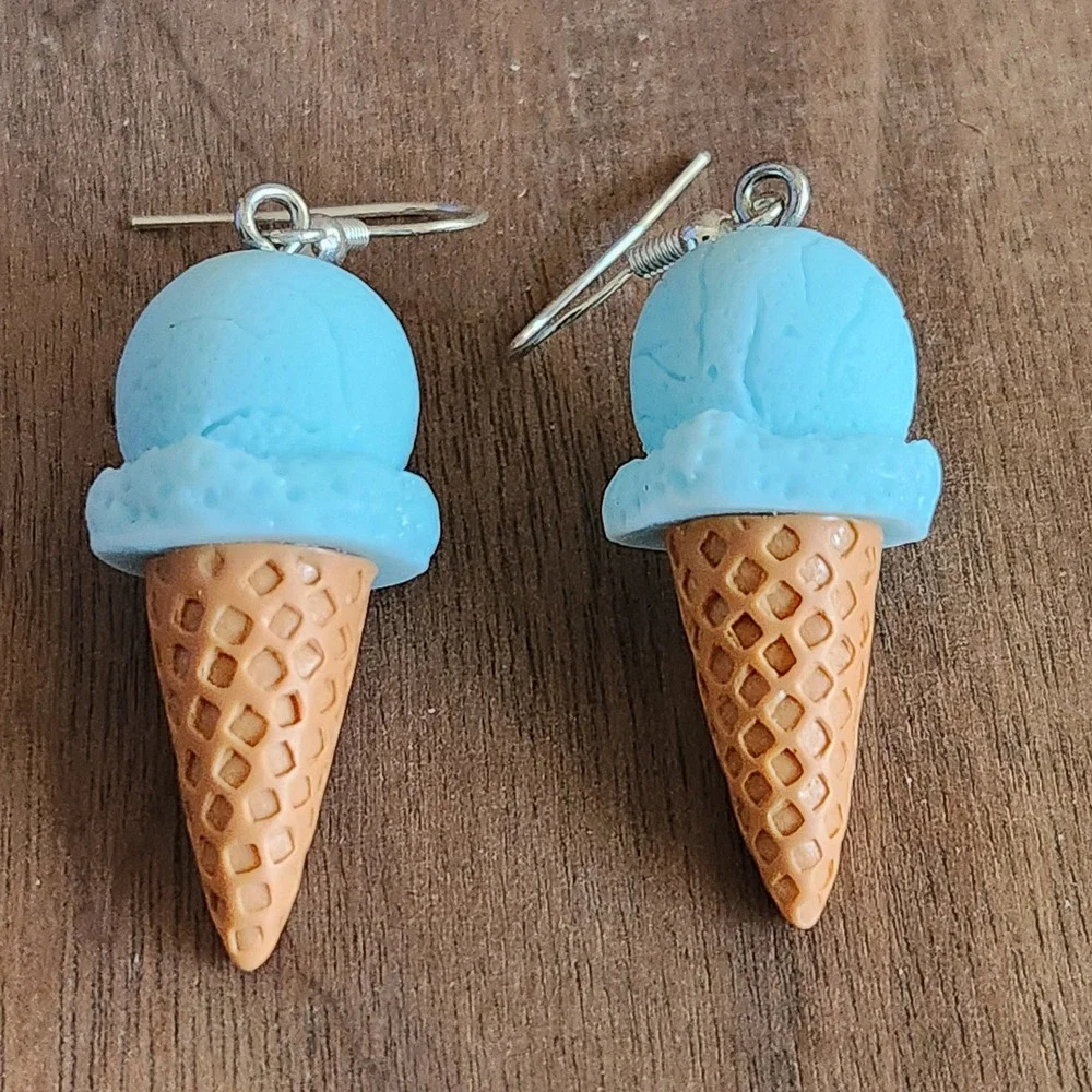 Blue Ice‎ Cream Cone Dangle Earrings Summer Foodie Novelty Jewelry 2